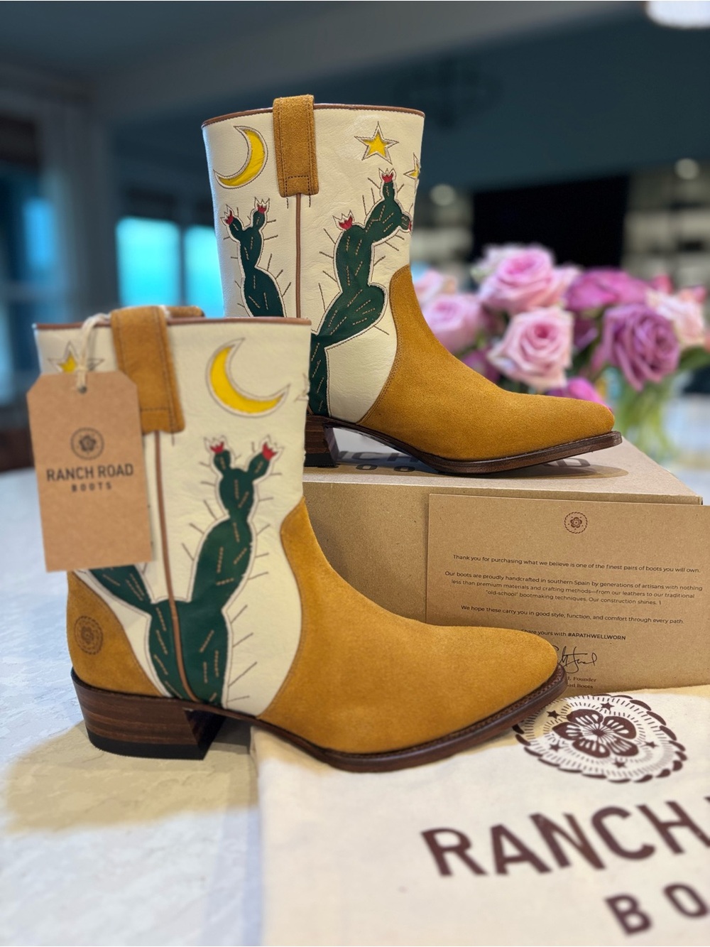 Ranch Road Archer Cactus White Tan Suede Western Cowgirl Cowboy Ankle Boots - Picture 7 of 16